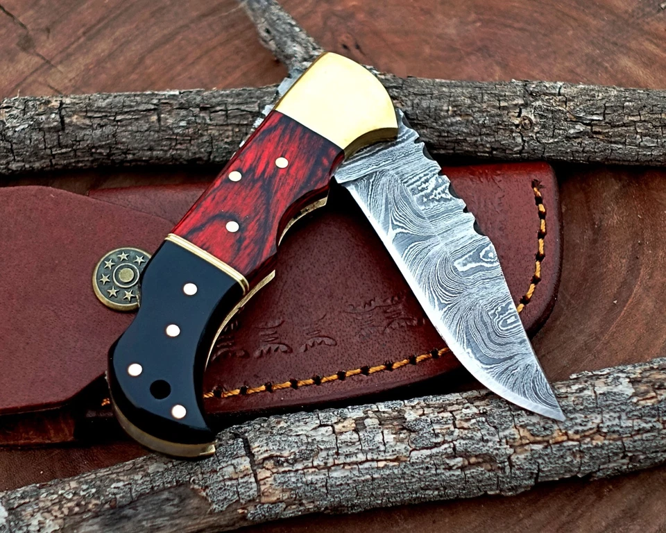 Damascus handmade Back Lock Folding Pocket knife camping Hunting Knife wid Pouch - Image 3 of 4