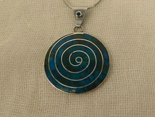 TURQUOISE STERLING SPIRAL NECKLACE ROUND PENDANT ARTISAN HANDCRAFTED