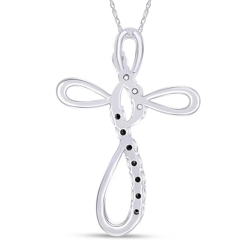 Collar Colgante Cruz Diamante Natural Blanco y Negro Chapado en Oro 14K Plata Foto 4 de 4