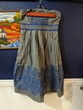 Floreat Anthropologie Gray Blue Embroidered Strapless Dress Sz 0 Extra Small XS