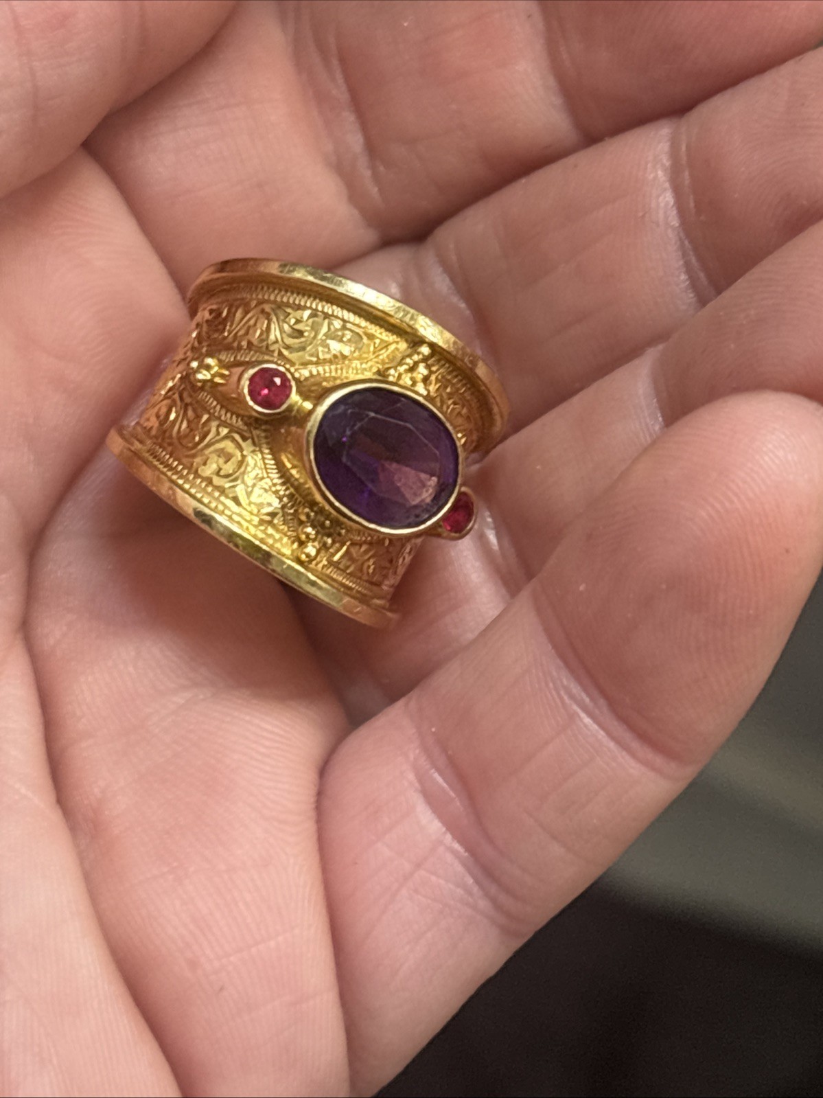 Unique 18k Solid Gold Ring With Amethyst And Rubi… - image 9