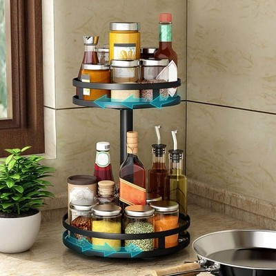 Spice Rack Drehbar 2 Etagen Schwarz Lazy Susan Küchen Organizer Corner Shelf