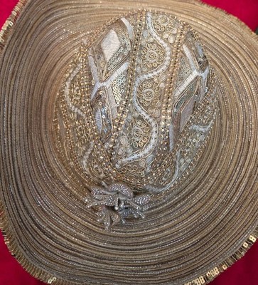 Women's Gold/Silver Straw Wide Brim Hat, Sequin Beaded Flower Accents, One Size