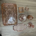 Vintage Pink Depression Glass Set  Tray, Candle Holders, Sugar & Candy Dish 7Pc