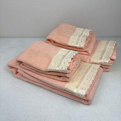 VTG After Bath Luxury J AboucharPeach Towel Set 4pc Lace Trim USA 2 Bath 2 Hand