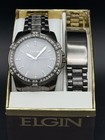 Elgin Black Crystal Accent Watch & Bracelet Set NIB Gunmetal — photo 1