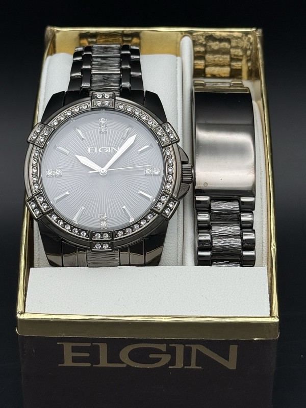 Elgin Black Crystal Accent Watch & Bracelet Set NIB Gunmetal