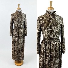 Womens VTG Maxi Dress Brown Paisley Flocked Velour Ruffle Collar Boho 70s Soft