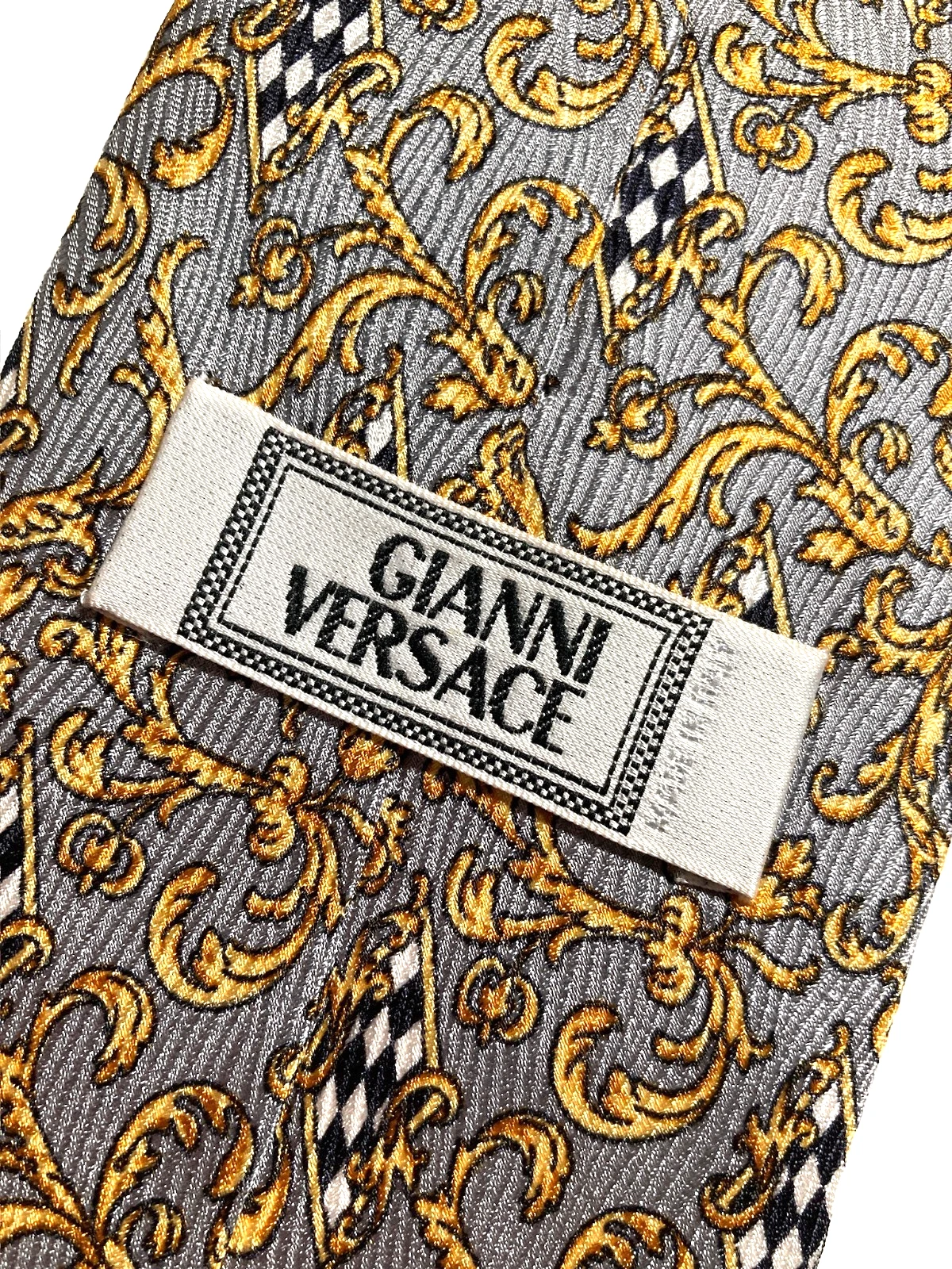 GIANNI VERSACE Vintage '90s Baroque Acanthus Tie Grids Art Nouveau Italy Gray - product detail image 2