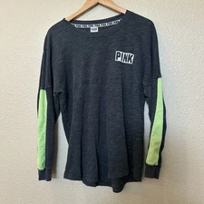 Victoria's Secret PINK Long Sleeve Shirt Gray Lime Green Women's Top Medium