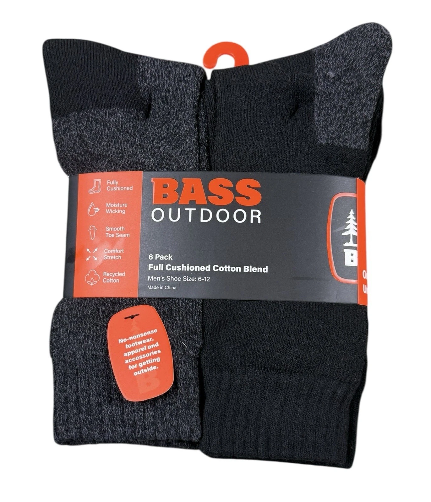 BASS OUTDOOR Crew Socks Mens 6 Pack Black Gray Cushioned Cotton Blend