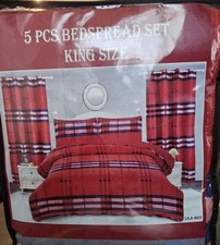 5 Piece King Bedspread Set Plaid Red Pink Purple Black Rectangular