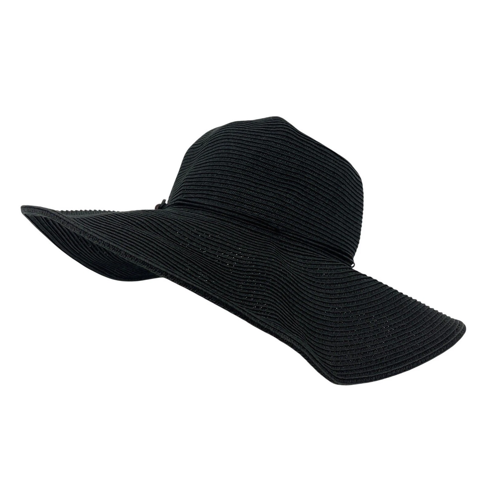 Croft & Barrow Womens Black Wide Brim Floppy Sun Hat Straw Wood Ring Accent