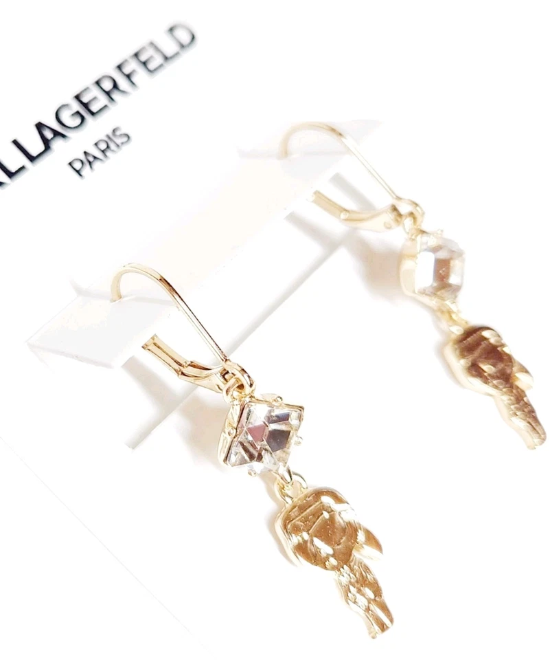 Pendientes colgantes Karl Lagerfeld doble cristal Karl Charm latón chapado en tono dorado nuevos con etiquetas Foto 4 de 4