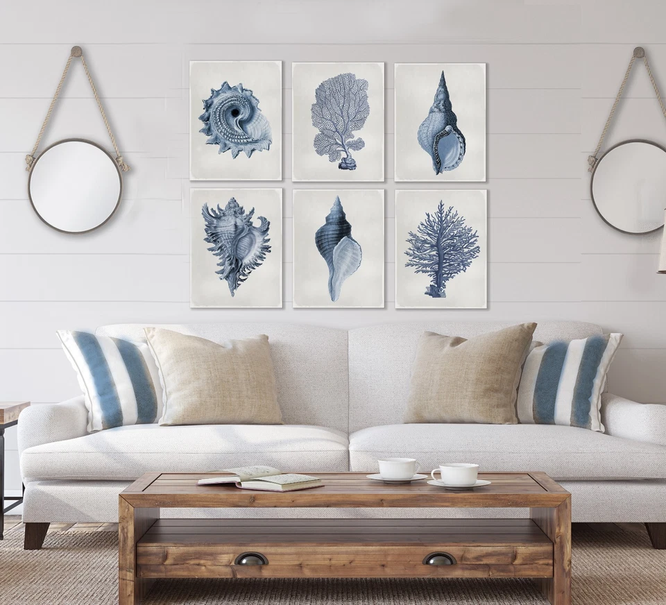Arte de pared costero de concha vintage, decoración de playa, azul marino, arte de playa, conjunto de impresiones de concha Foto 4 de 4