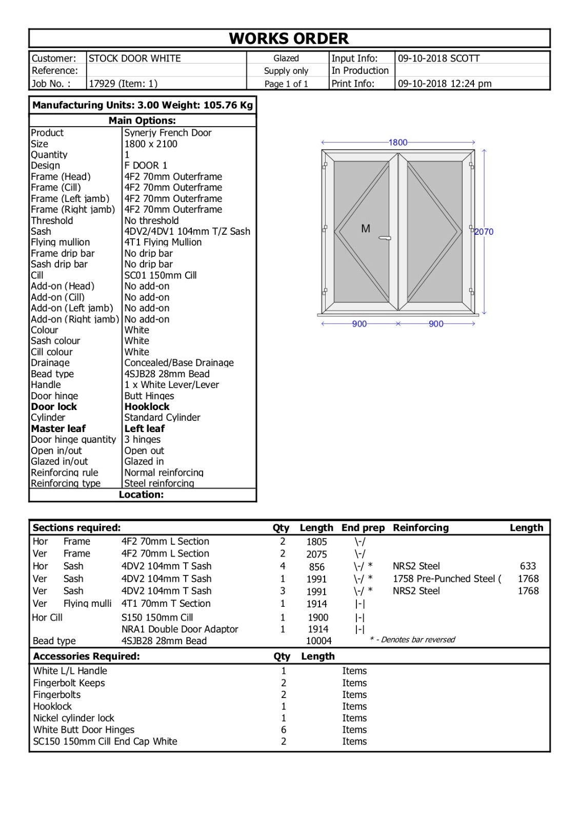 White French Patio Door 1790mm x 2090mm IN STOCK FOR SAME DAY