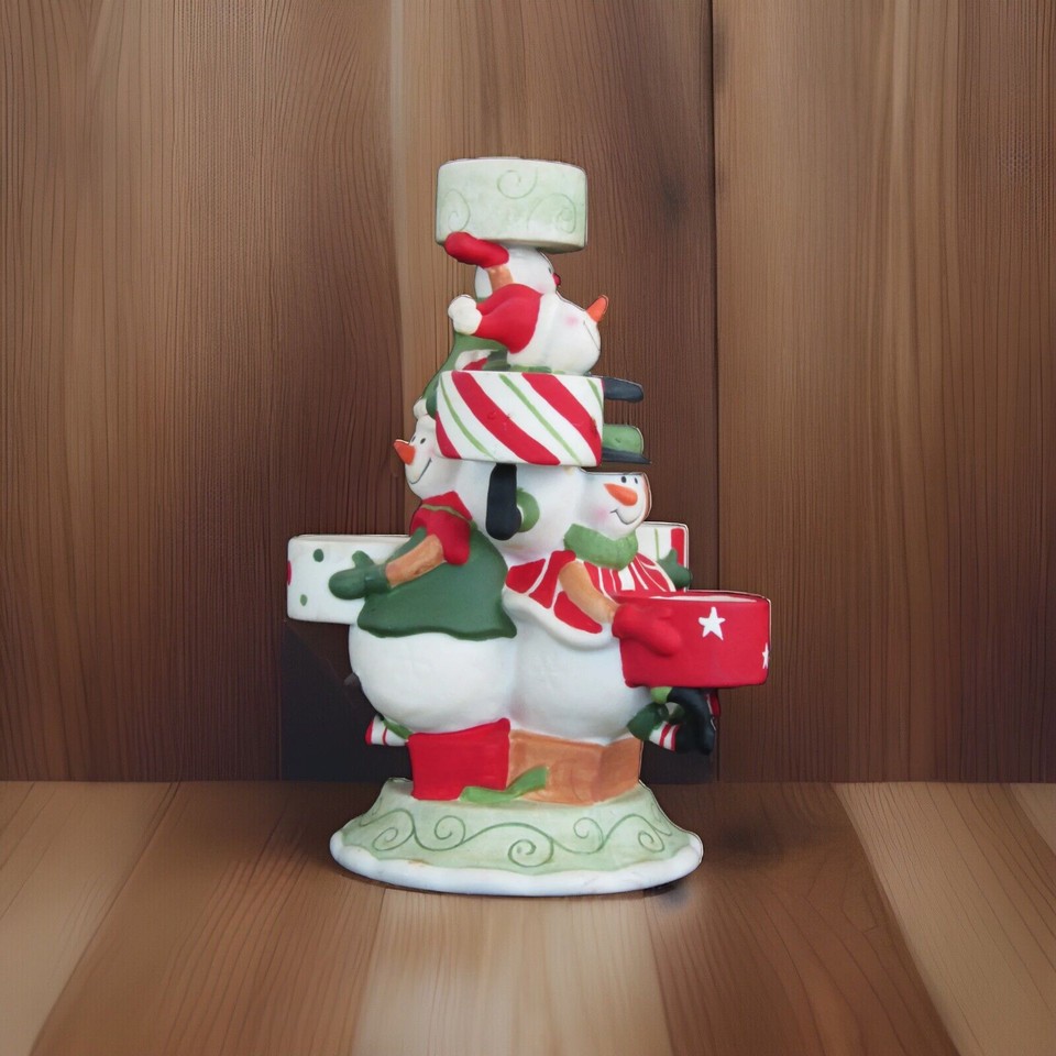 Large Yankee Candle Snowmen Tea Light Ceramic 9.5” Tall Candle Holder
