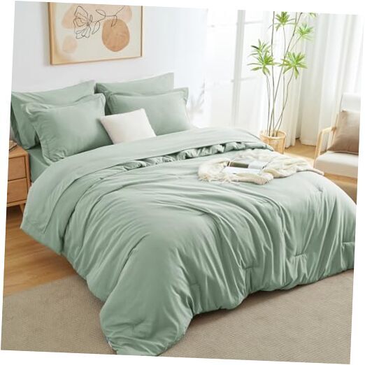 Comforter Set 7 Pieces Bed in a Bag, Bedding Comforter Set Queen Sage Green-image