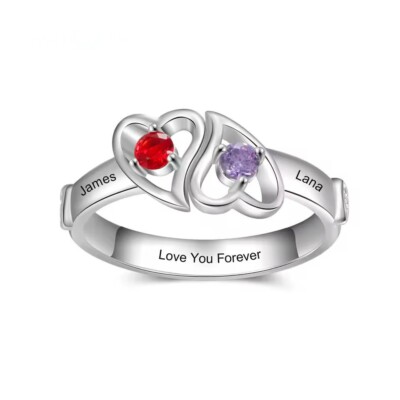 Custom Two Birthstones Double Name Ring Heart Jewelry Couple Partner Gift Women
