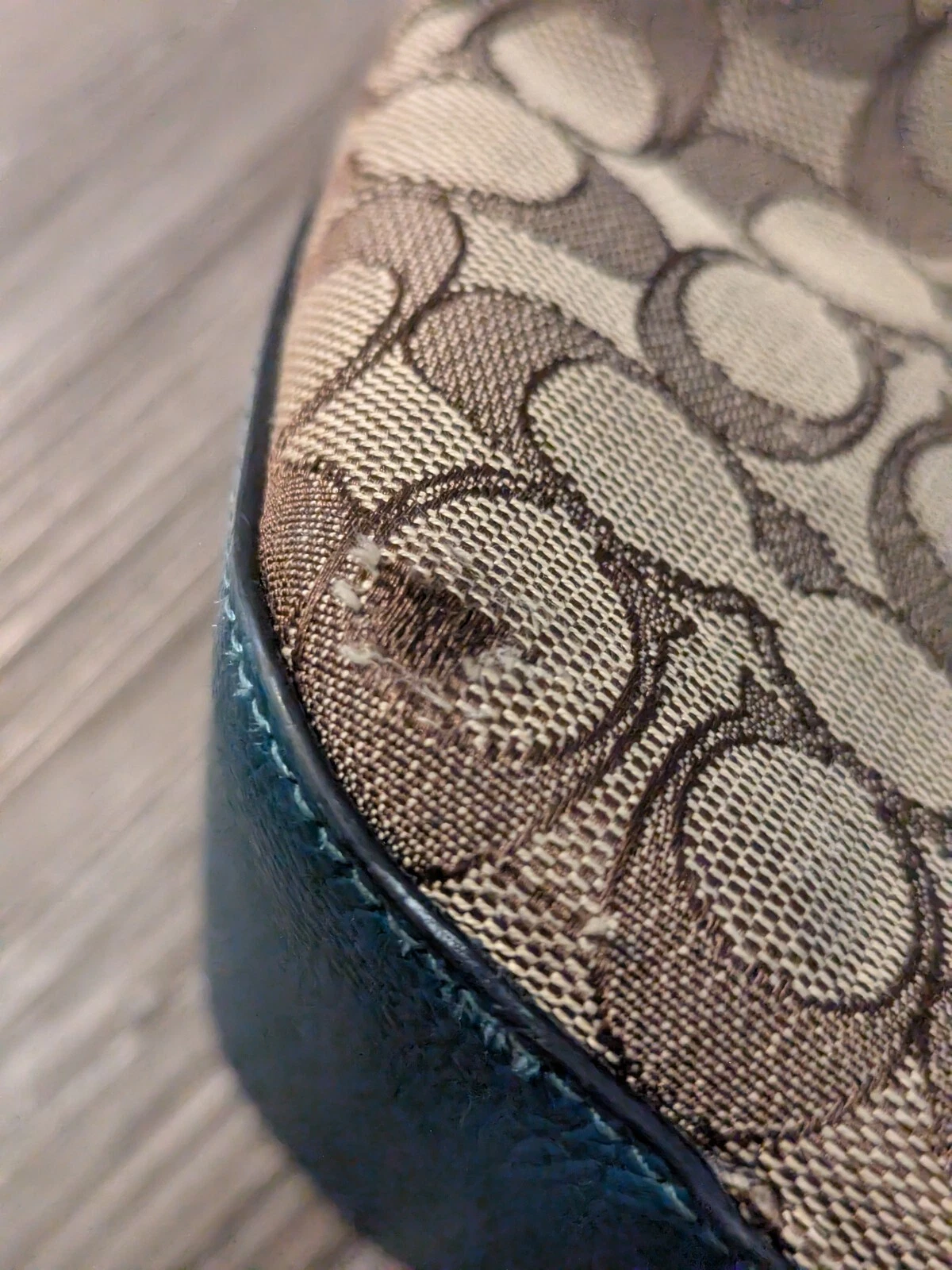 Borsa Coach tote bag blu kaki e atlantico firma logo tela pelle zip borsetta