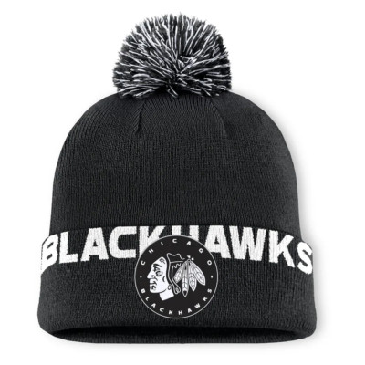 Men's Chicago Blackhawks Fanatics Black High Stick Cuffed Knit Hat Pom Hockey