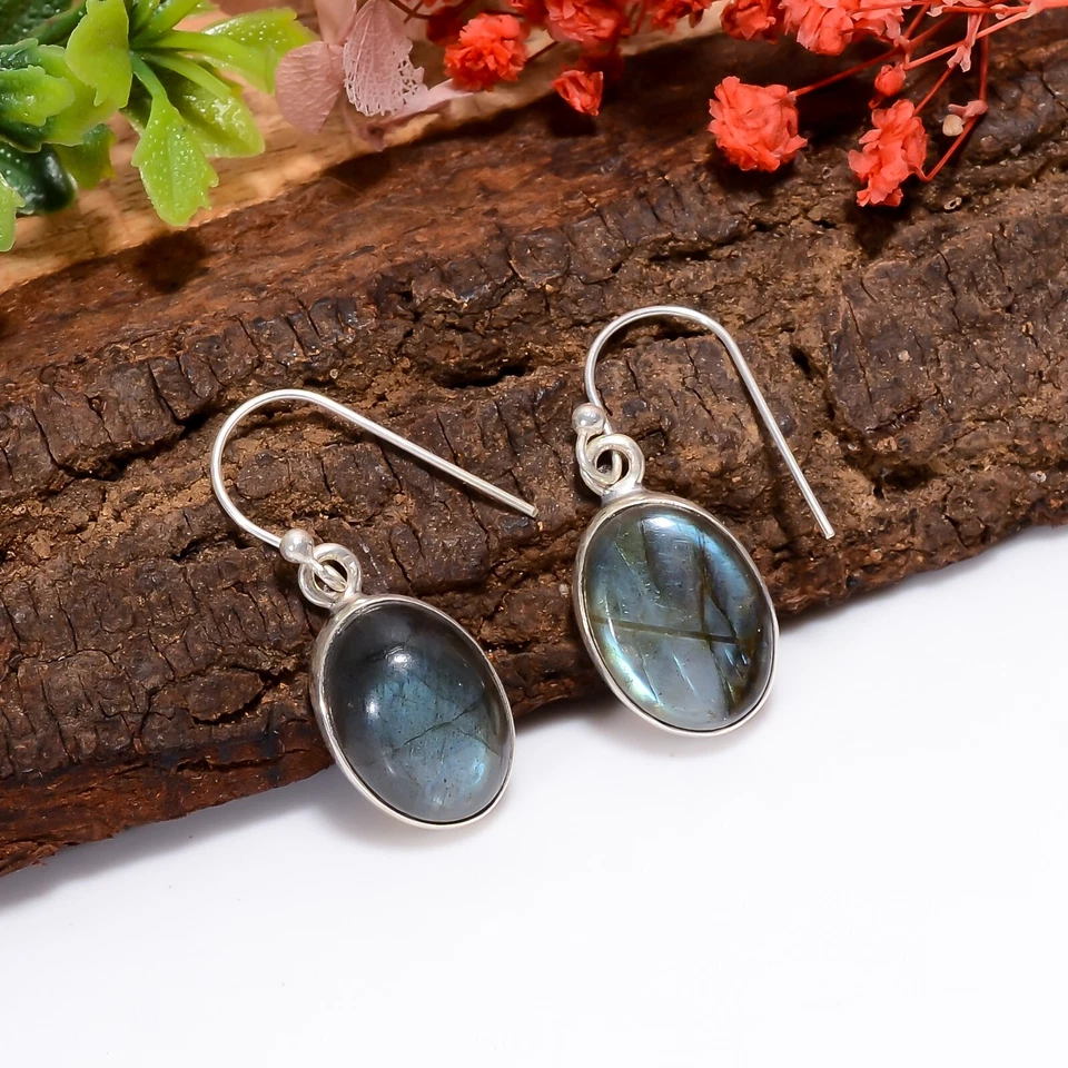 Blue Flash Natural Labradorite Gemstone 925 Sterling Silver Dangle Earrings Gift - Image 3 of 4
