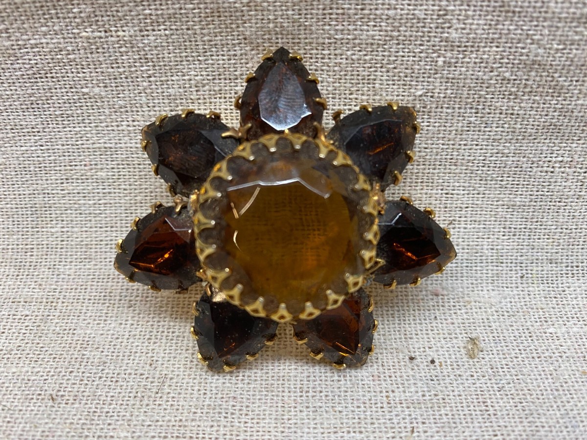 Vintage Amber Smoky Topaz Glass Stone Rhinestone Pin Brooch Gold