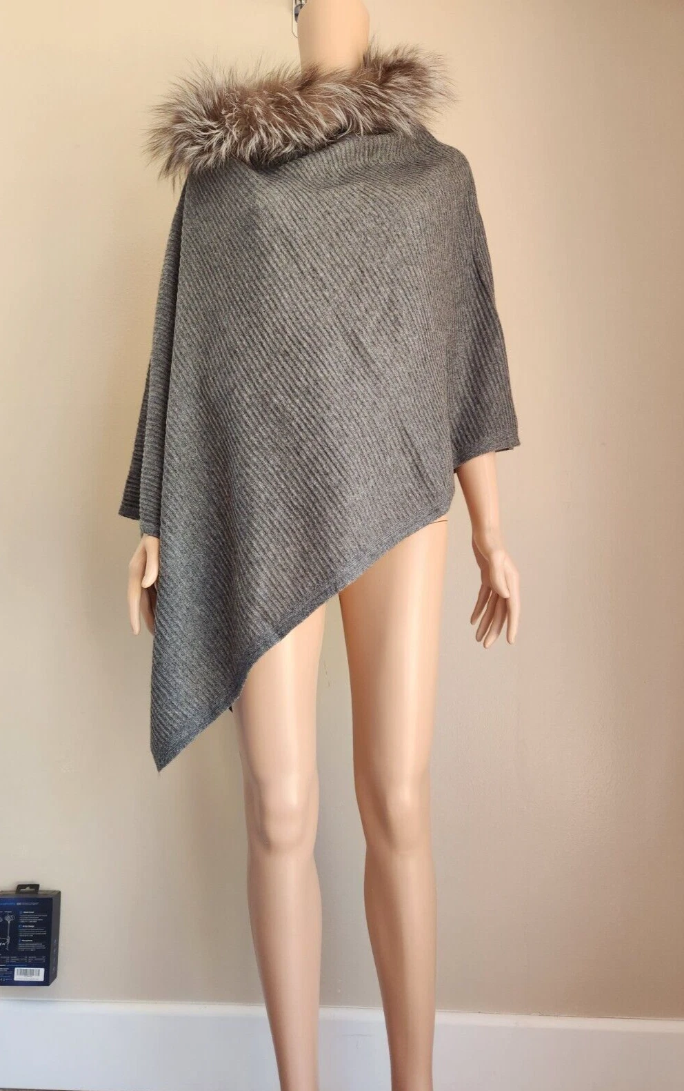 NWT Sofia Cashmere Fox Fur Asymmetrical Poncho OS Wool/Cashmere Grey