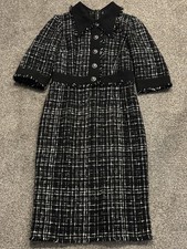 Dolce And Gabbana Black White Frayed Tweed Midi Dress Size 44 US 8 New With Tags