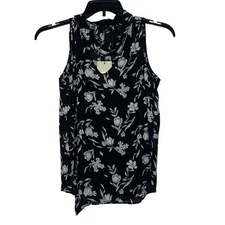 Adrienne Vittadini Floral Print Sleeveless Blouse Black White Size S NEW