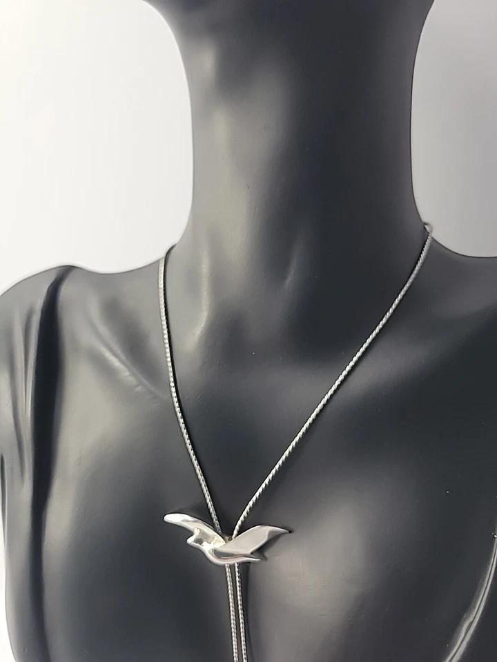 Vintage Silver Tone Soaring Bird Bolo Lariat Necklace Modernist Design - Image 2 of 4