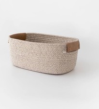 Small Cotton Woven Basket with PU Leather Handle, Baby Kids Clothes Toys Cand...
