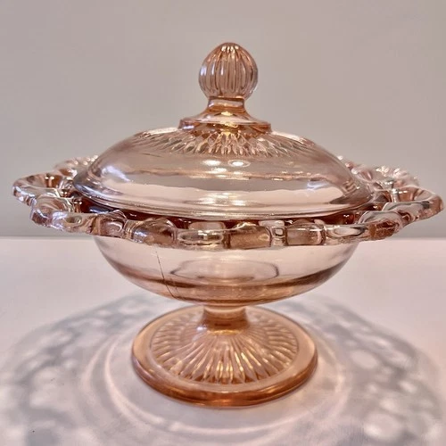 Vintage Anchor Hocking Glass OLD COLONY Lace Edge Pink Footed Candy Dish W/lid