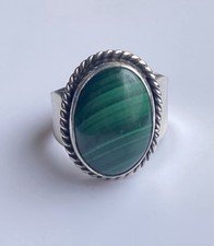 Cabochon Green Malachite Wide Band Adjustable Sterling Silver Ring