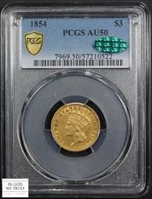 1854 $3 Three Dollar Gold Indian Princess PCGS AU 50 CAC