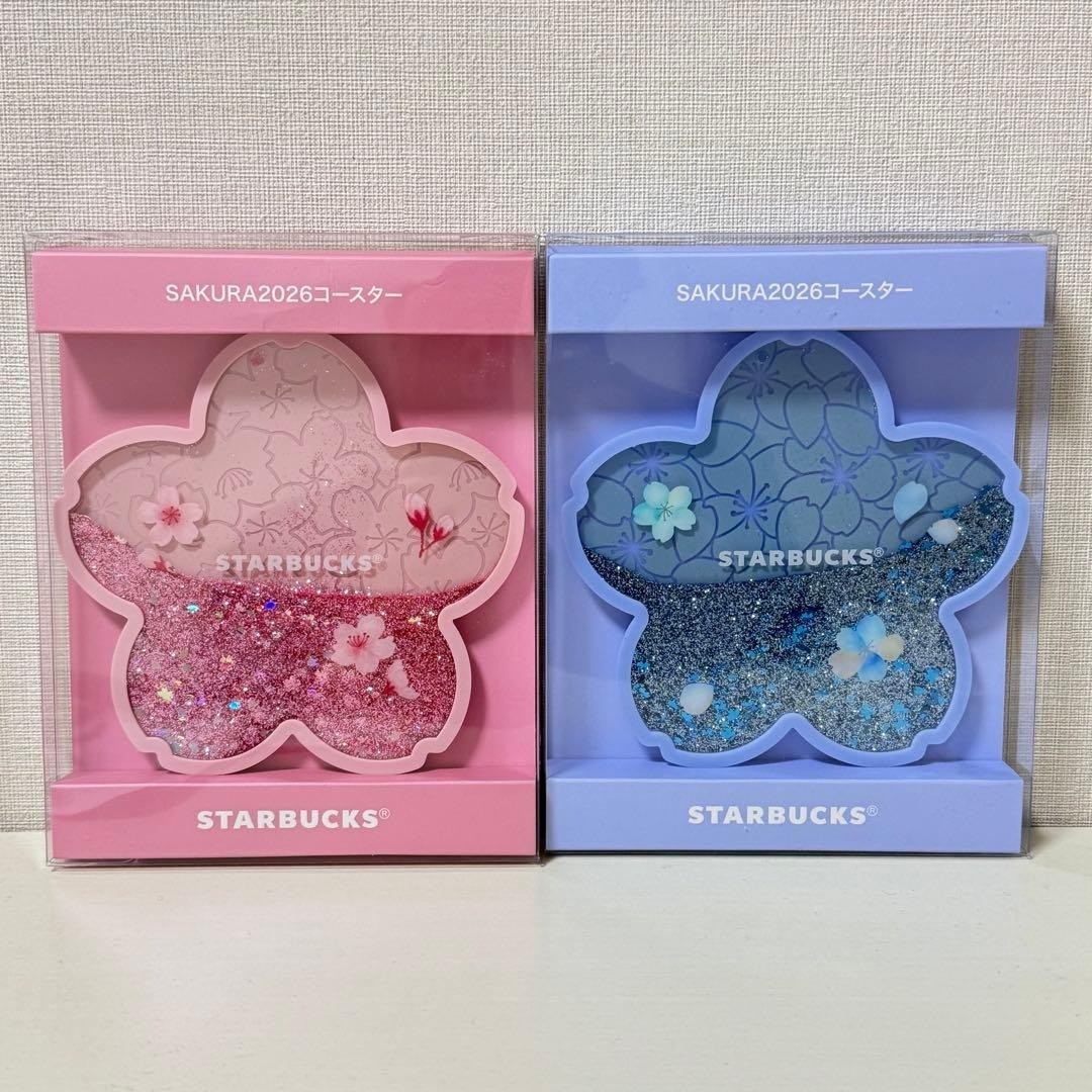 Set of 2 Starbucks Sakura 2026 Coaster Shiny Pink Airy Blue
