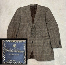 VTG Brooks Brothers Glen Check Plaid Tweed 100 Camel Hair Blazer Jacket SZ 42L