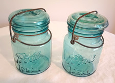 2 BALL IDEAL AQUA PINT FRUIT JARS W/LID & WIRE BAIL - #2 & #3 Embossed On Base