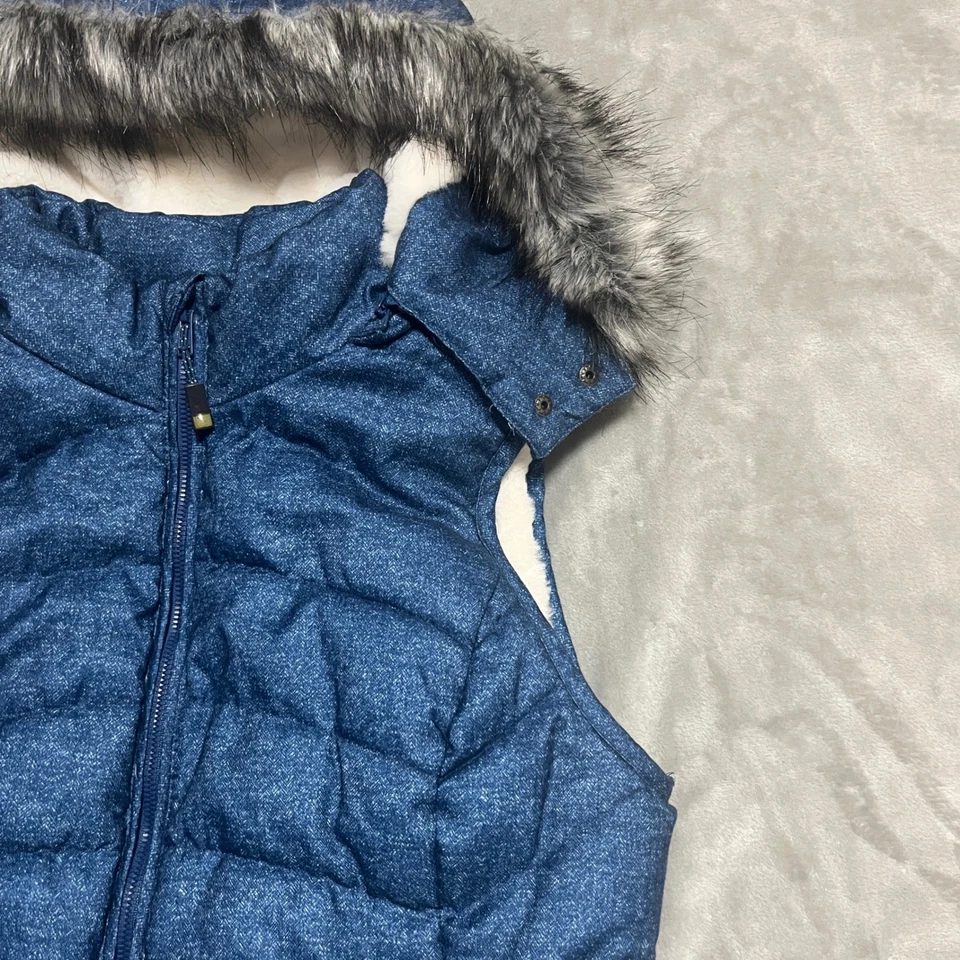 Chaleco acolchado de té verde capucha de piel aspecto de mezclilla azul acolchado cálido invierno ropa exterior M Foto 4 de 4