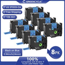 8PK Compatible Brother P-Touch TZe551 TZ551 Label Tape 24mm Blue For PT-9400