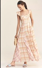 Anthropologie Maeve Linen Blend Flutter-Sleeve A-Line Midi Dress M Flowy, Garden