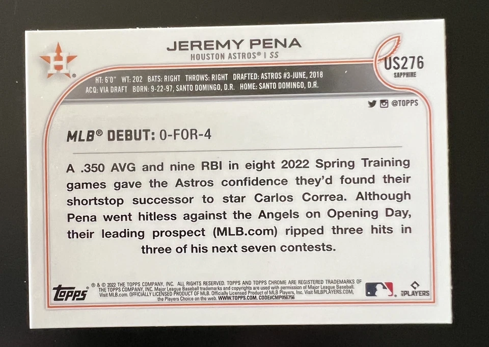 2022🔥Jeremy Pena🔥Topps Chrome Update Sapphire Rookie US276 Debut Astros (RC) - Image 2 of 2