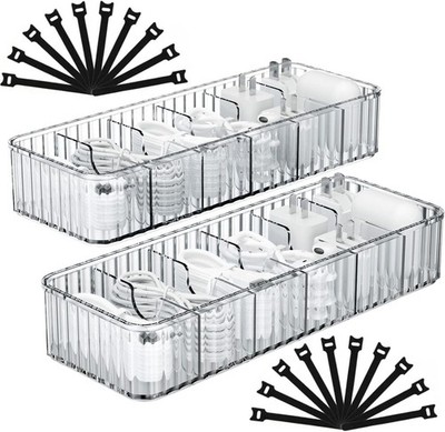 2 Pack Plastic Cable Management Box with Removable Dividers, Clear Cord Storage
