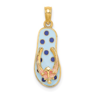 14K Gelbgold 3D Emaille Anker auf blauen Tupfen Flip-Flop Anhänger