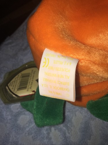 Zucca di Halloween Ty Beanie Baby Babies arancione Pumkin' con etichetta protettiva 1998 - Foto 5 di 6