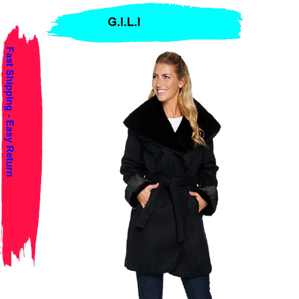 G.I.L.I Faux Shearling Collar Coat, Noir Black , 10