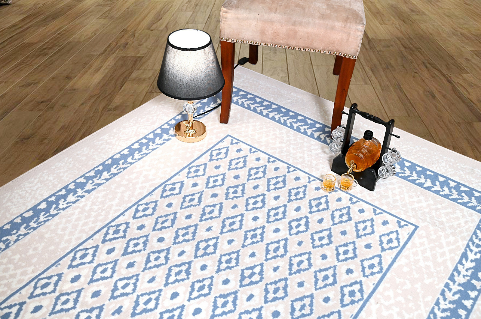 Bordered Transitional Runner - Light Blue, Geometric Pattern Area Rug ...