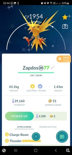 Shiny Zapdos ( Caught In 2018 ) Pokemon Tr@de Go