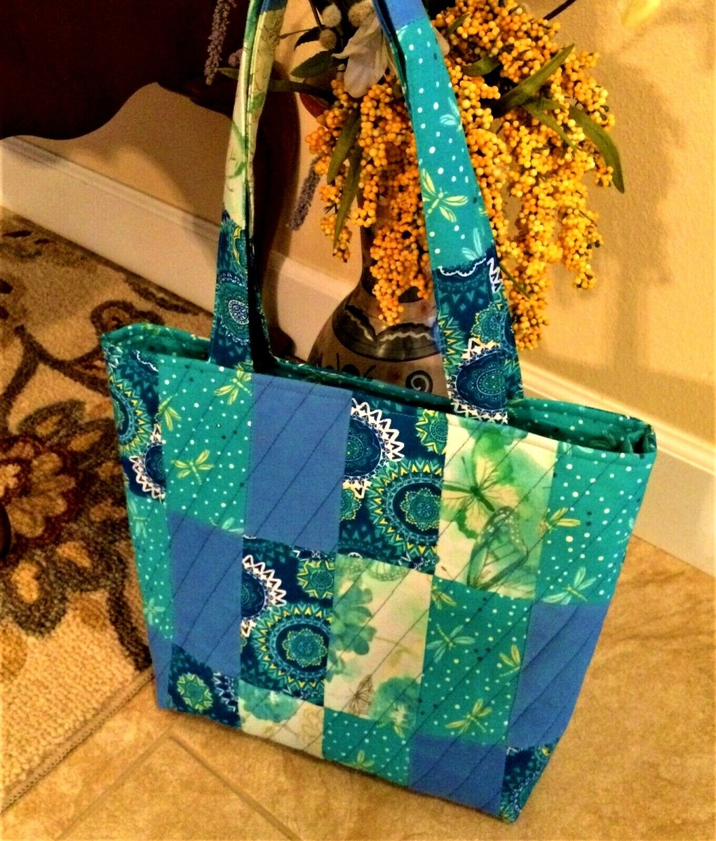 Handmade Blue/Turquoise Patchwork Quilted Tote Bag with Lining and
