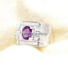 Amethyst Oval Cut Gemstone With 14K Solid White Gold Ring For Men's A724